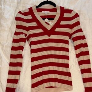 NWT Madewell Red and Cream Striped V-Neck Sweater